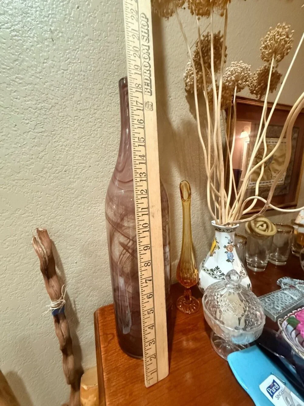 Vintage 19” Tall Amethyst Brown Swirl Art Glass Bottle Vase